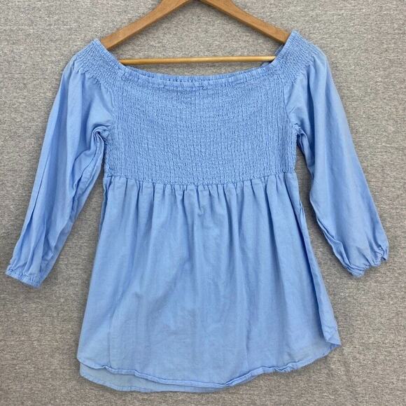 No Boundaries Blouse Womens Large Blue Smocked Empire 3/4 Sleeve Ruched - Picture 1 of 10